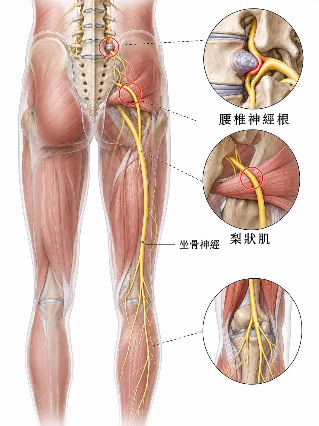 坐骨神經從腰椎經過梨狀肌延伸至腿部的解剖路徑示意圖